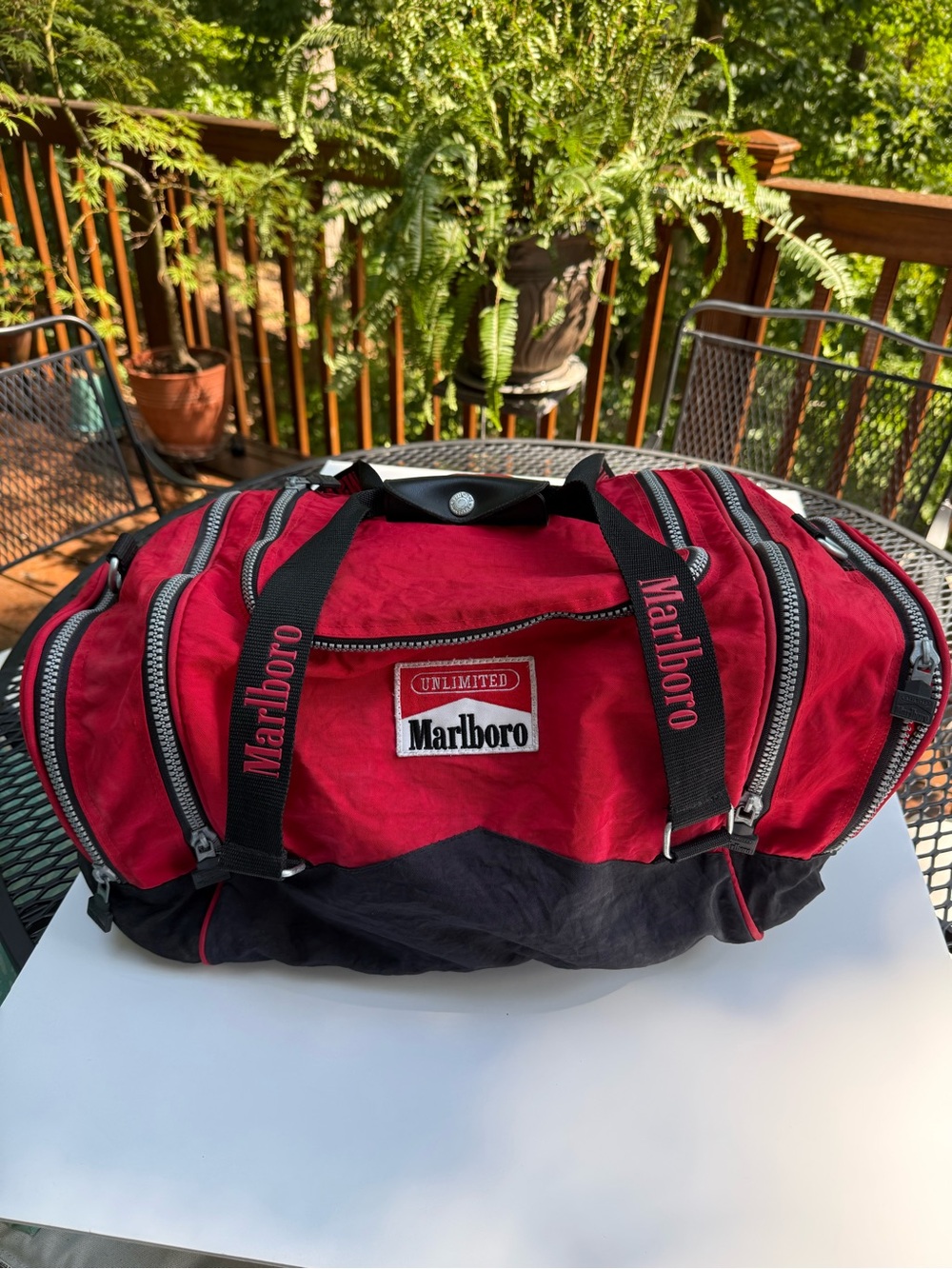 Marlboro Logo Red and Black Duffel with Branded Straps  Vintage